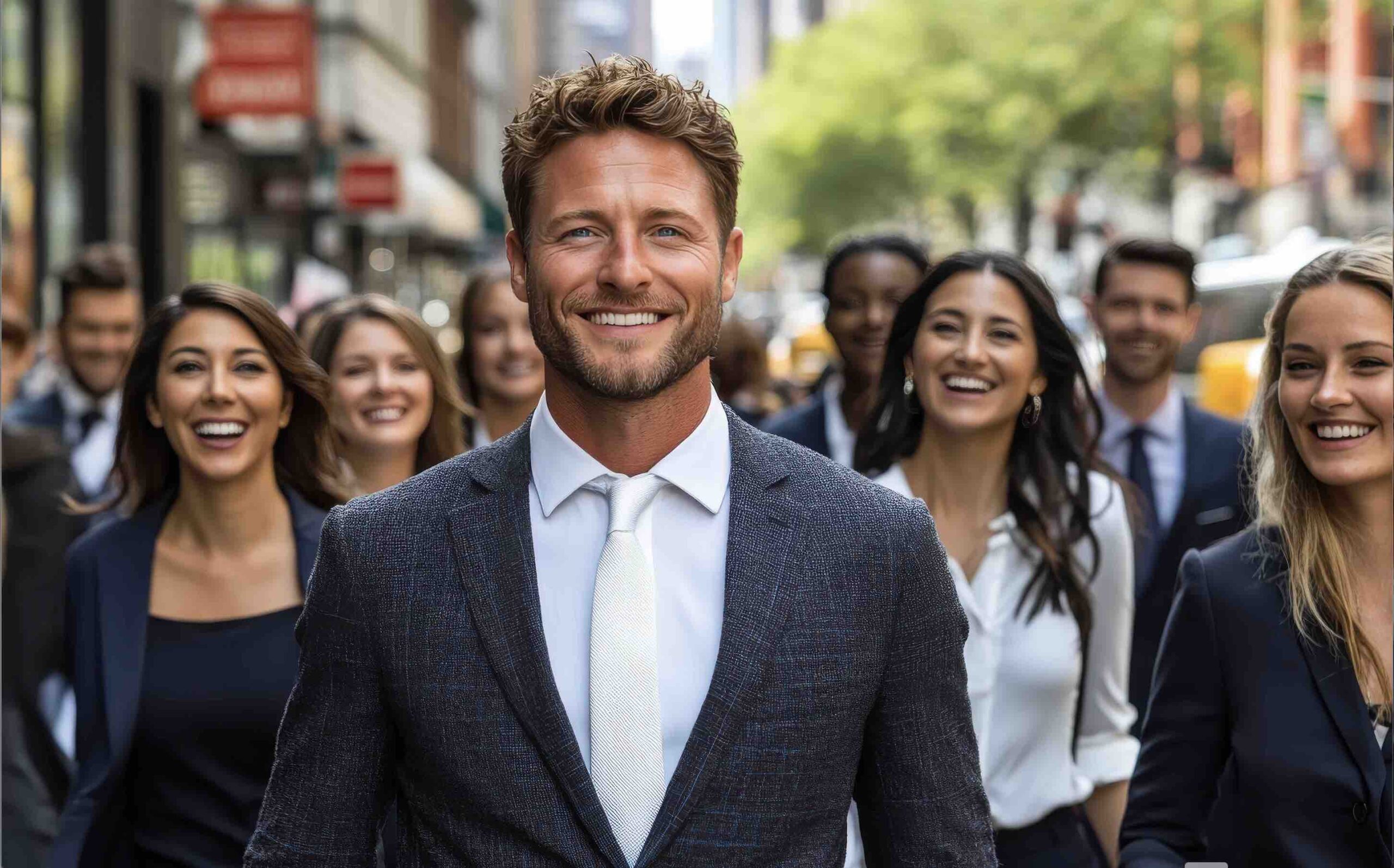 A group of professionals smiling on a city street