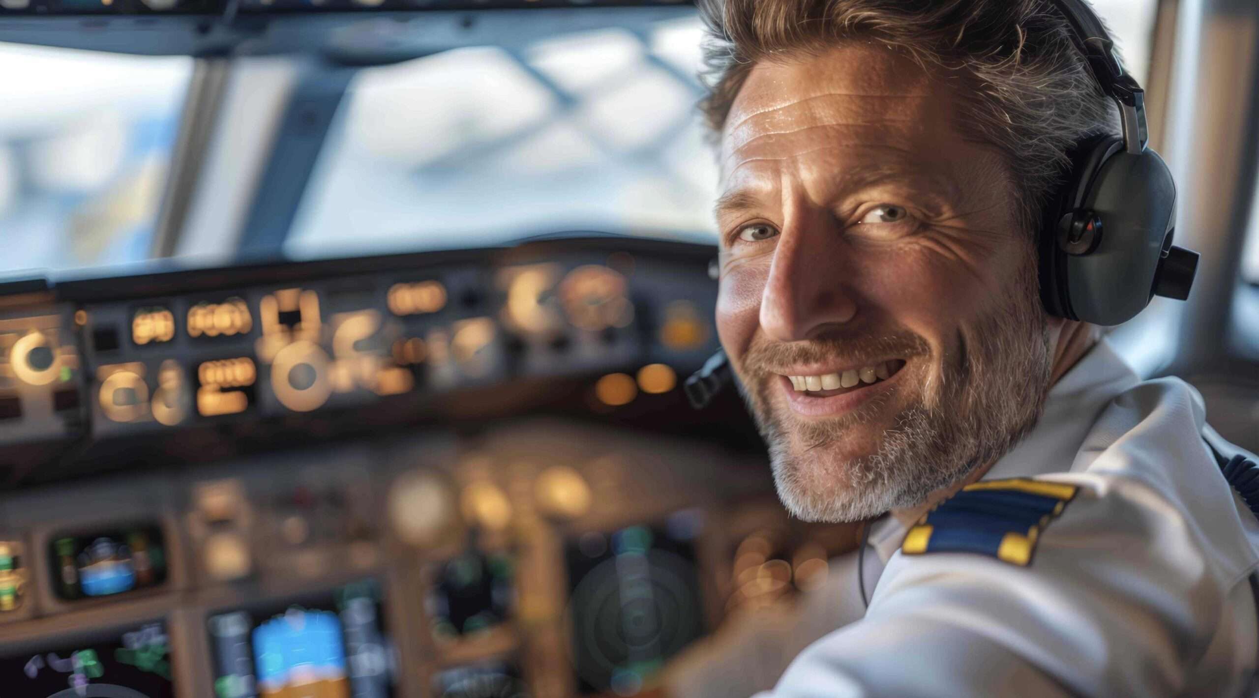 Pilot wearing a headset in an aircraft cockpit