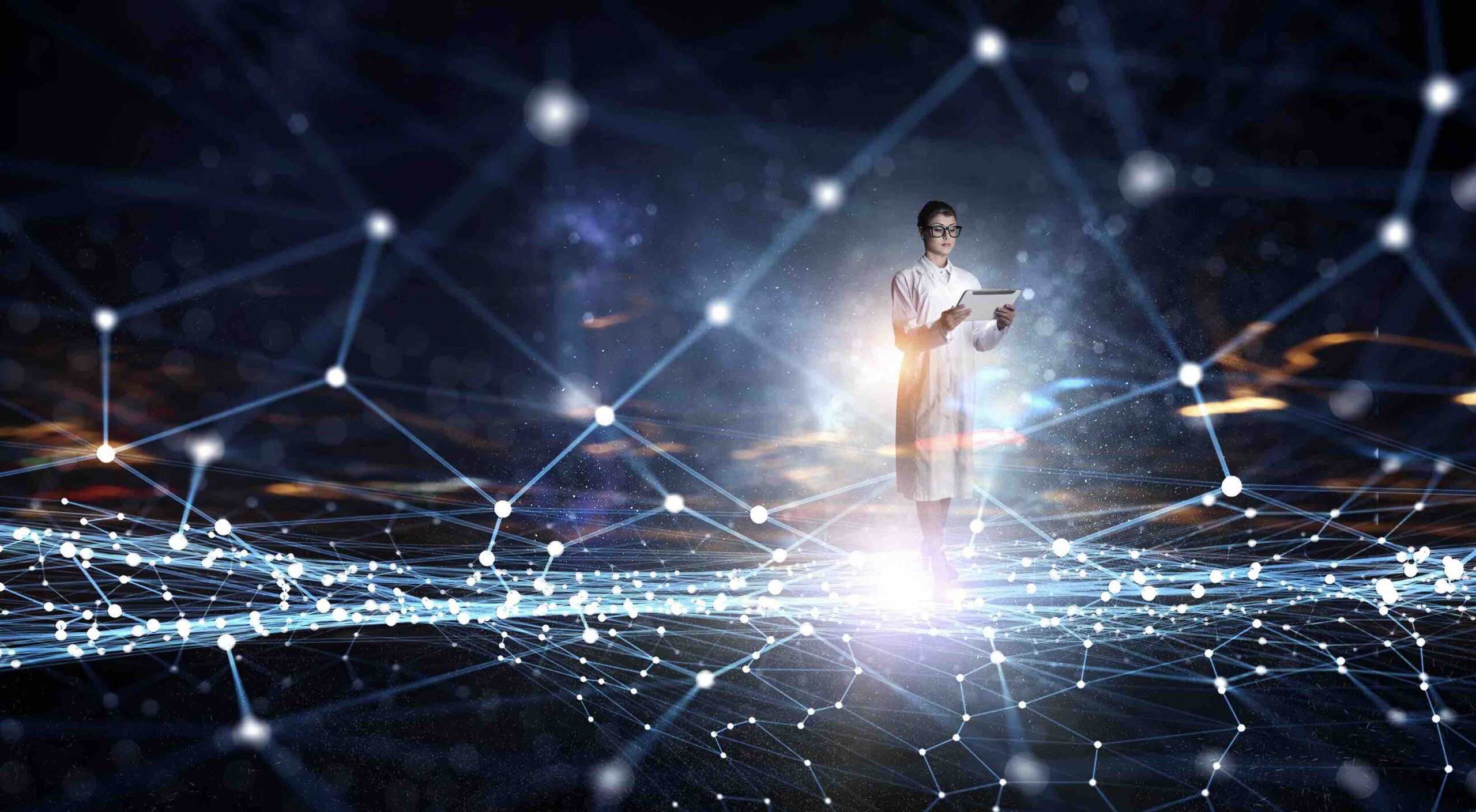 Healthcare professional working with an AI-powered data network overlay