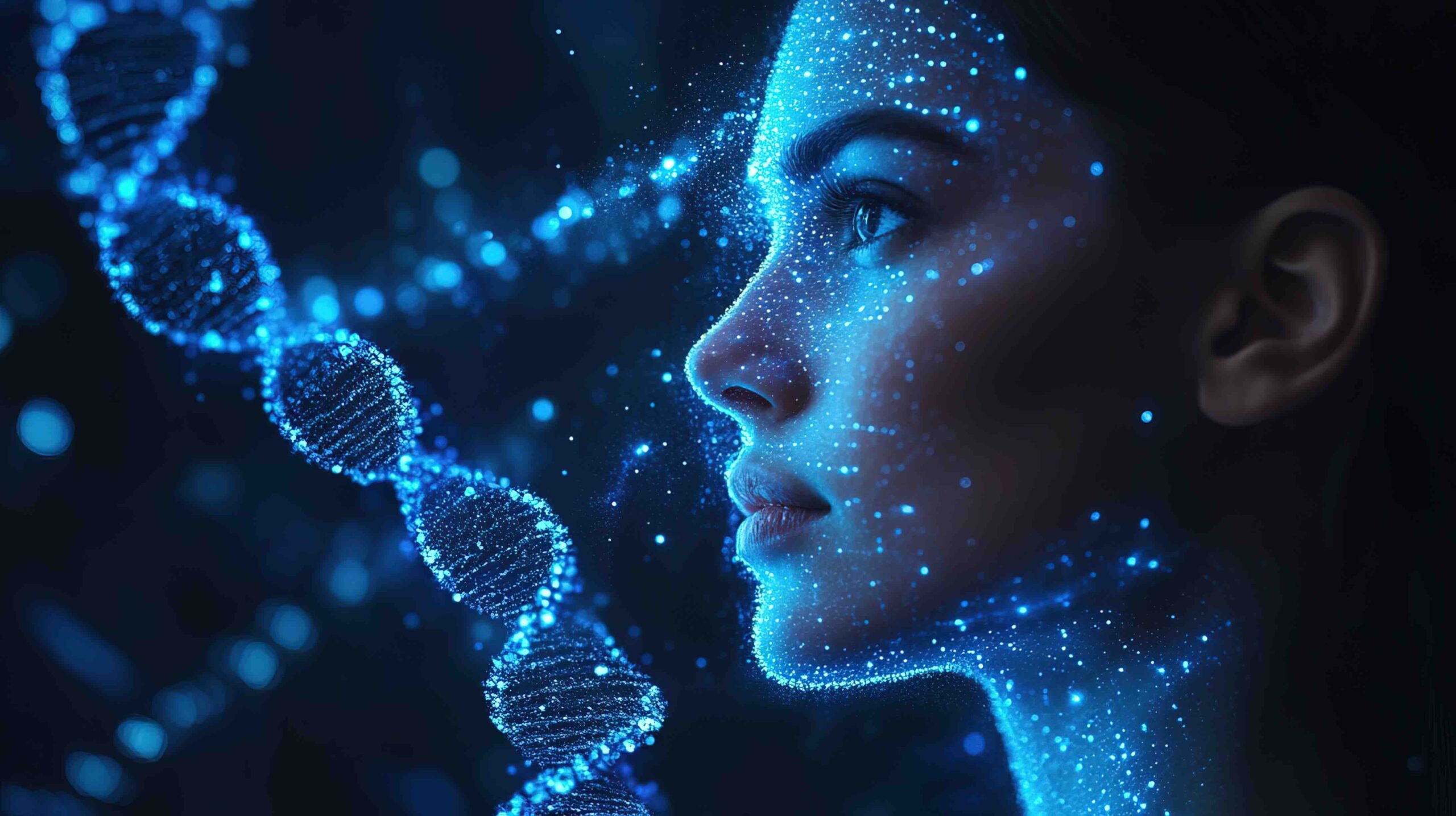 A woman's profile overlaid with glowing data points beside a luminous DNA helix
