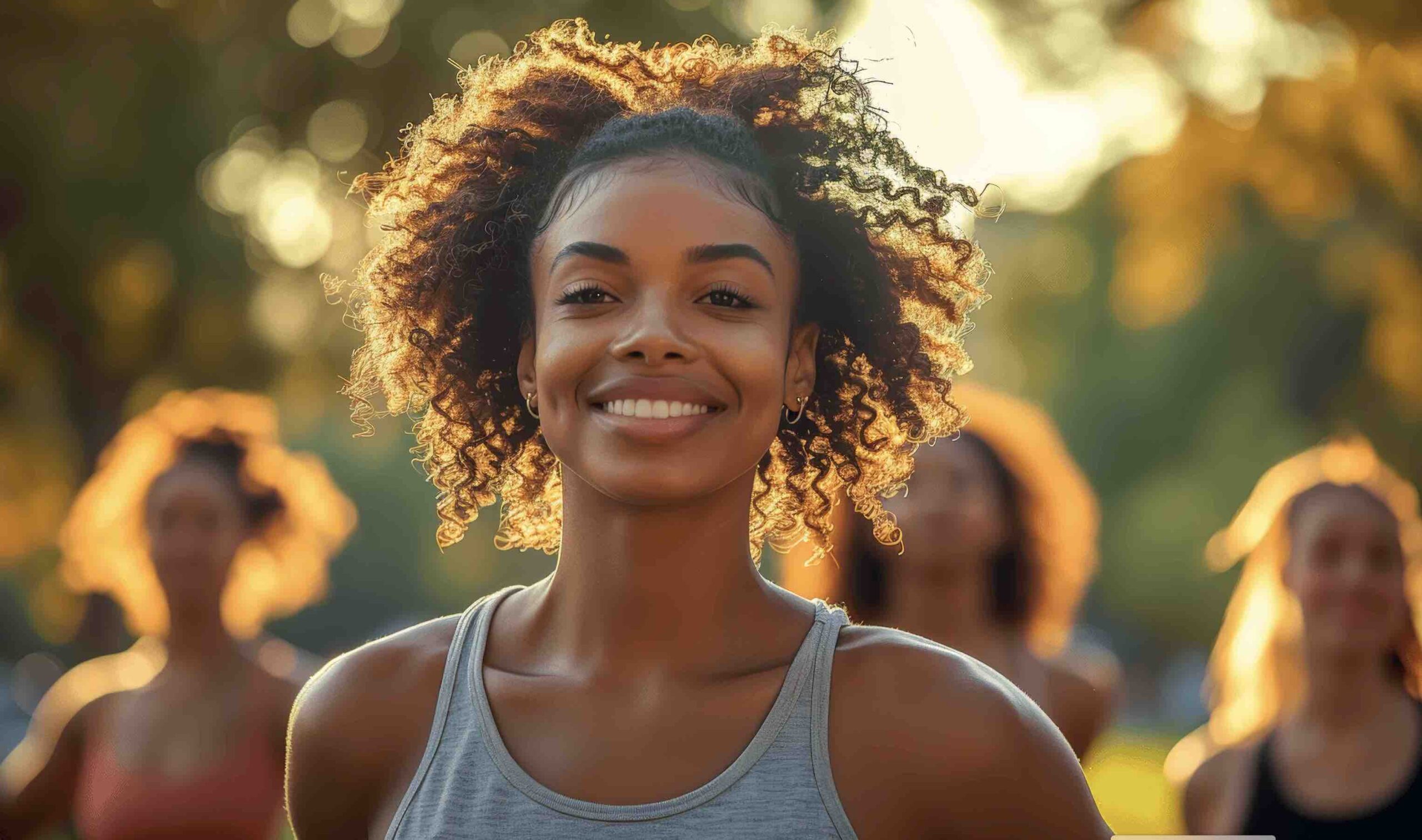 A smiling woman leading a group fitness session outdoors