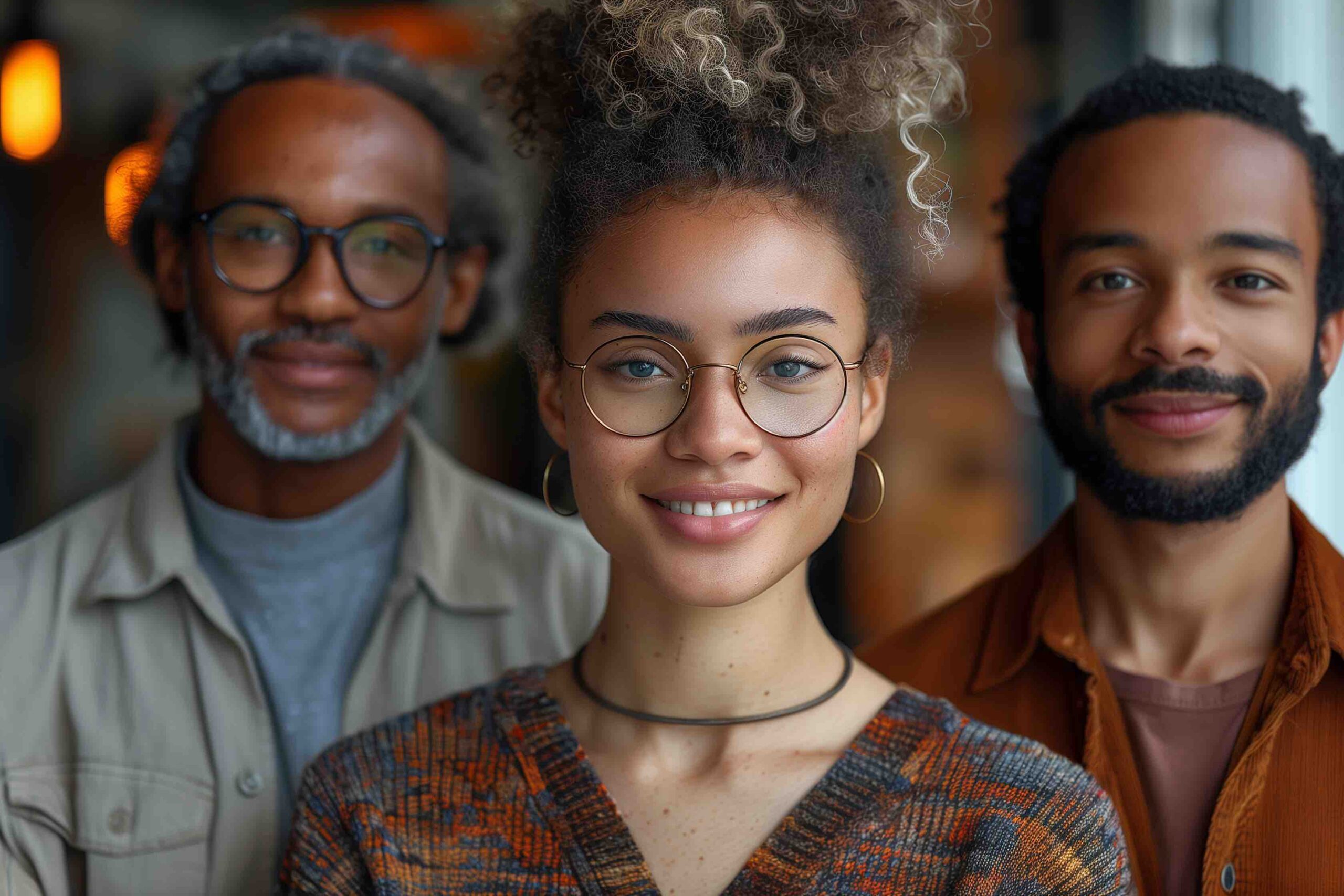 Three smiling colleagues standing together in an office