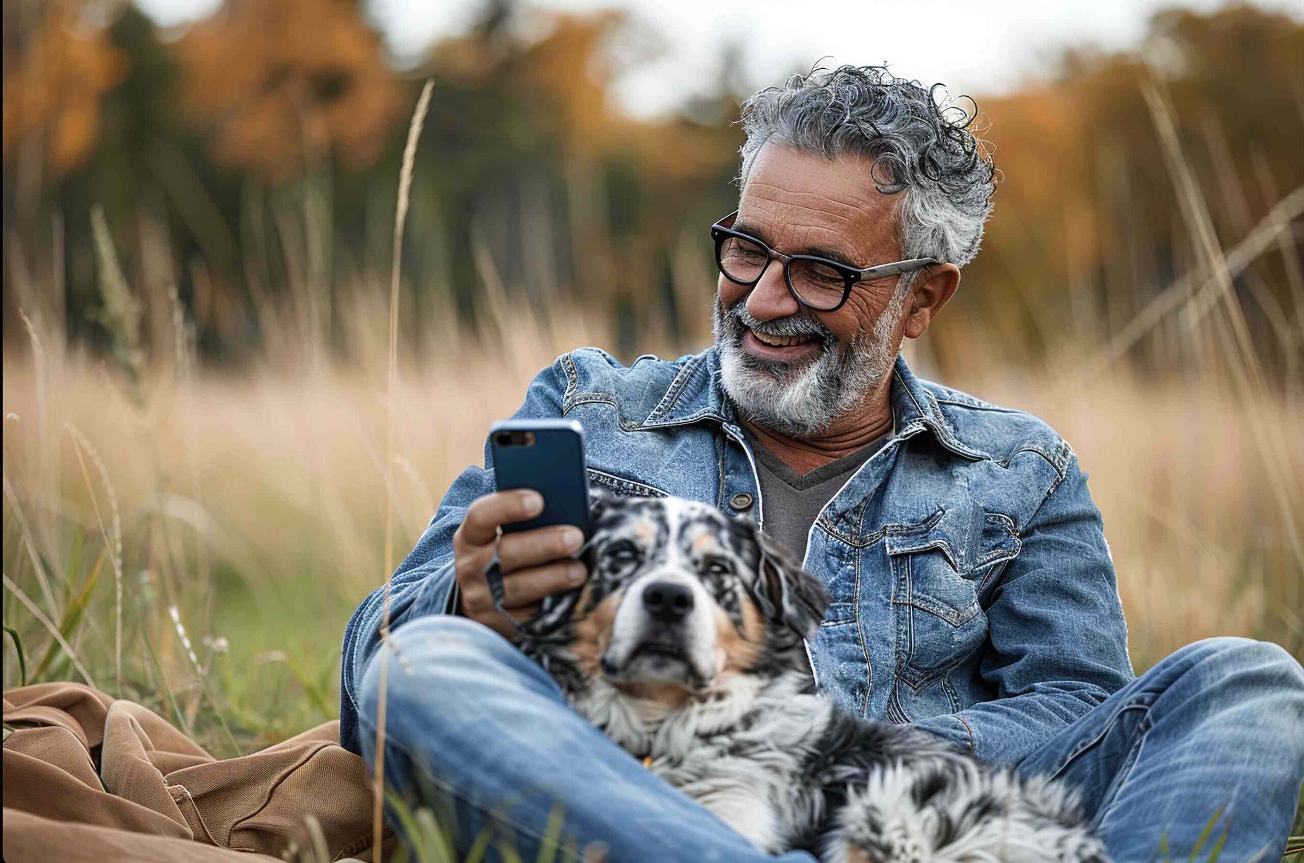 A smiling man checking his phone while sitting with his dog outdoors