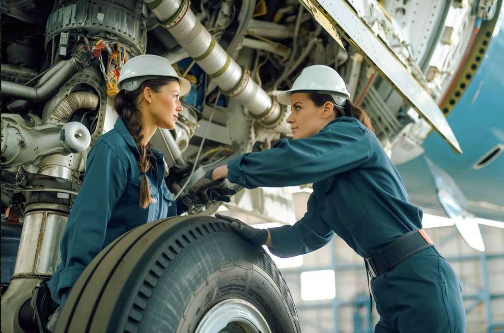 Two aircraft maintenance technicians inspecting a landing gear