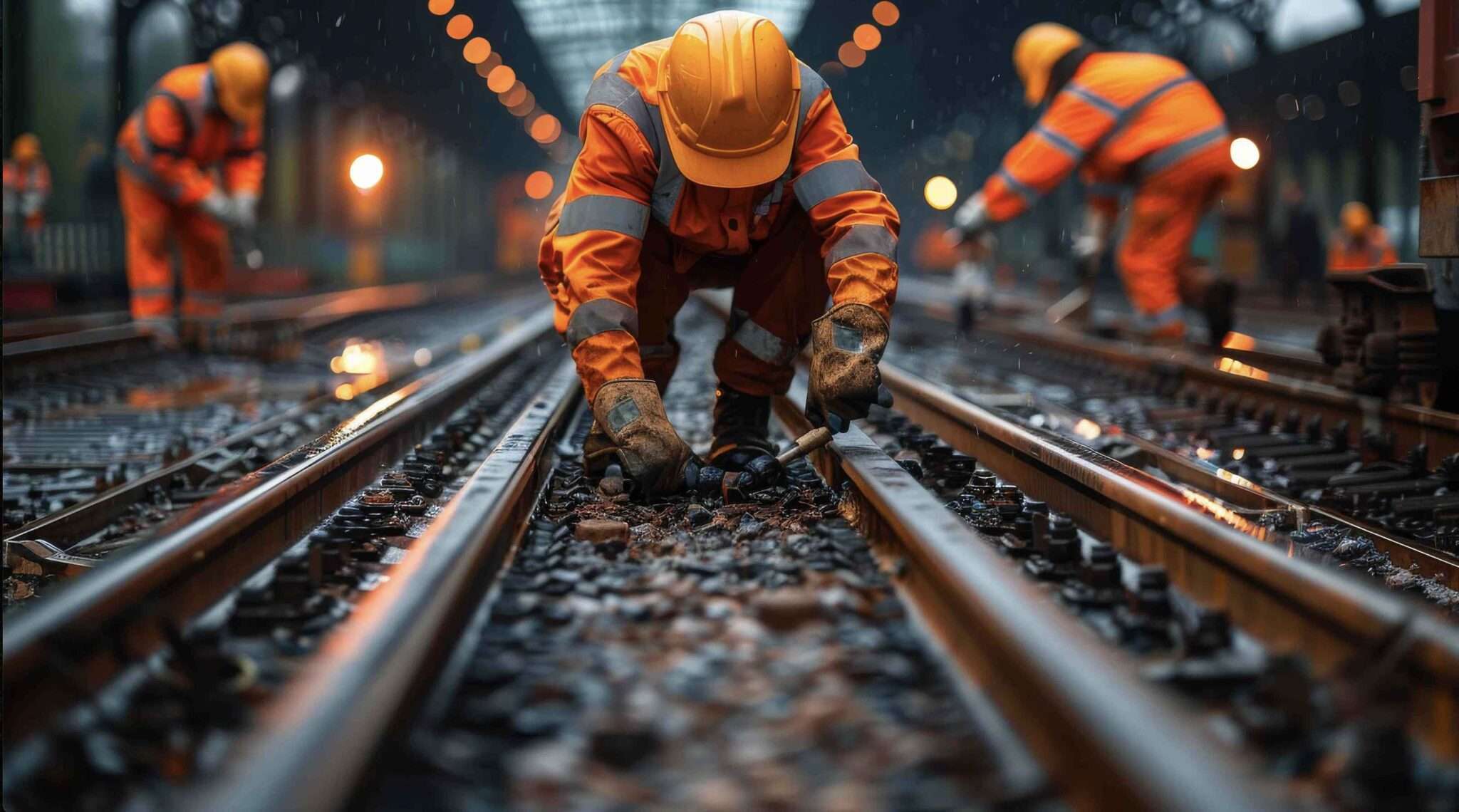 A railway maintenance worker in high-visibility gear kneeling on the tracks